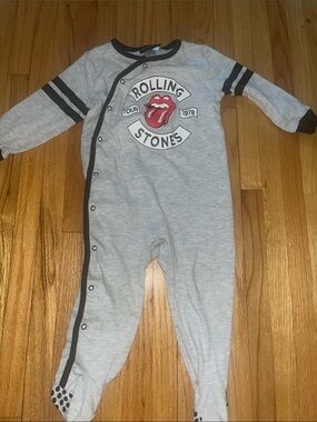 the Rolling Stones Gray and Black Logo Footed One-Piece